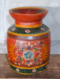 Oude Vintage Houten Indiase Waterkruik Handbeschilderd