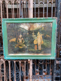 Oude Vintage Houten Lijst met Hindoe Poster Shiva Parvati en Ganesha