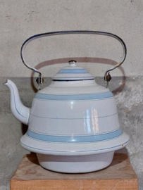 Oude Brocante Franse Emaille Waterketel Blauw Wit