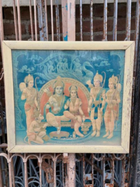Oude Vintage Houten Lijst met Hindoe Poster India Shiva en Krishna