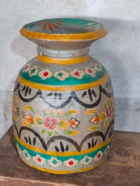 Oude Vintage Houten Indiase Waterkruik Handbeschilderd