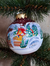 Oude Vintage Kerstbal 8553 Oostblok Huisje Sneeuw
