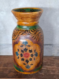 Oude Vintage Houten Indiase Waterkruik Handbeschilderd