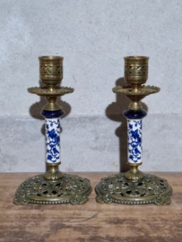 Oude Antieke Victoriaanse Koperen Kandelaren Set Delfts Blauw