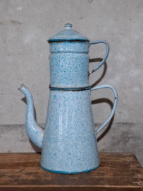 Oude Brocante Emaille Franse Koffiekan Koffiepot Blauw