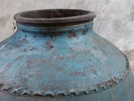 Oude Antieke Turkse Terracotta Oliekruik Honingkruik Blauw