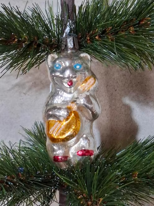 Oude Antiek Vintage Kerstbal 9105 Kat Poes met Banjo Gitaar