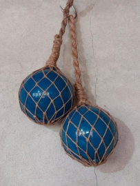 Oude Vintage Glazen Drijver Macrame Visnet Blauw