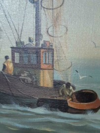 Oud Maritiem Schilderij Olieverf op Linnen Vissersboot Boot Kotter HA67