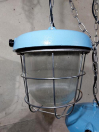 Oude Vintage Industriele Hanglamp Bunkerlamp Kooilamp Pastel Blauw