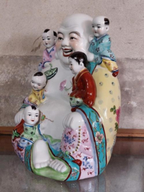 Oude Antiek Chinees Porseleinen Happy Boeddha Family Rose