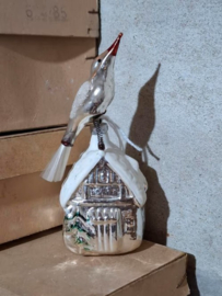 Oude Antiek Kerstbal 8608 Vogel op Huisje