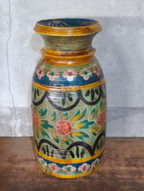 Oude Vintage Houten Indiase Waterkruik Handbeschilderd