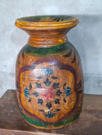 Oude Vintage Houten Indiase Waterkruik Handbeschilderd