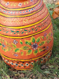 Oude Brocante Houten Nepalese Pot Vaas Handbeschilderd XL