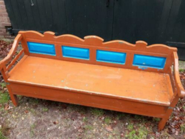 Oude Brocante Houten Bank Bruin Blauw Klepbank