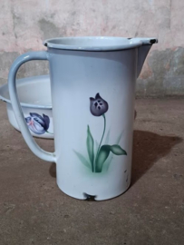 Oude Antieke Emaille Lampetset met Tulpen Bloemen Art Deco