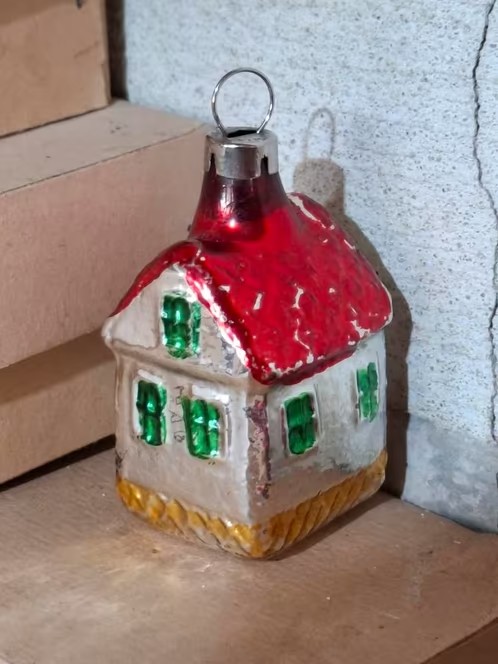 Oude Antiek Vintage Kerstbal 8967 Huisje