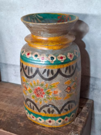 Oude Vintage Houten Indiase Waterkruik Handbeschilderd