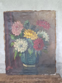Oud Antiek Schilderij Olieverf op Linnen Bloemen Dahlia's