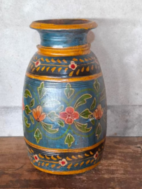 Oude Vintage Houten Indiase Waterkruik Handbeschilderd