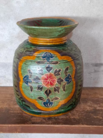 Oude Vintage Houten Indiase Waterkruik Handbeschilderd