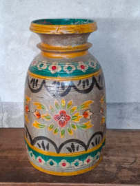 Oude Vintage Houten Indiase Waterkruik Handbeschilderd