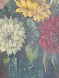 Oud Antiek Schilderij Olieverf op Linnen Bloemen Dahlia's