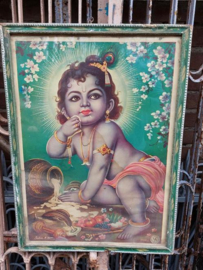 Oude Vintage Houten Lijst met Hindoe Poster India Jonge Krishna