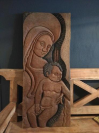 Oud Antiek Gestoken Houtsnijwerk op Paneel Maria met Kind