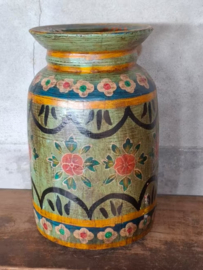 Oude Vintage Houten Indiase Waterkruik Handbeschilderd