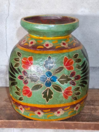 Oude Vintage Houten Indiase Waterkruik Handbeschilderd