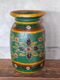 Oude Vintage Houten Indiase Waterkruik Handbeschilderd