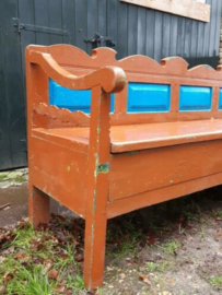 Oude Brocante Houten Bank Bruin Blauw Klepbank