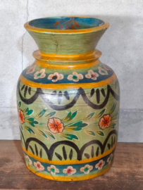 Oude Vintage Houten Indiase Waterkruik Handbeschilderd