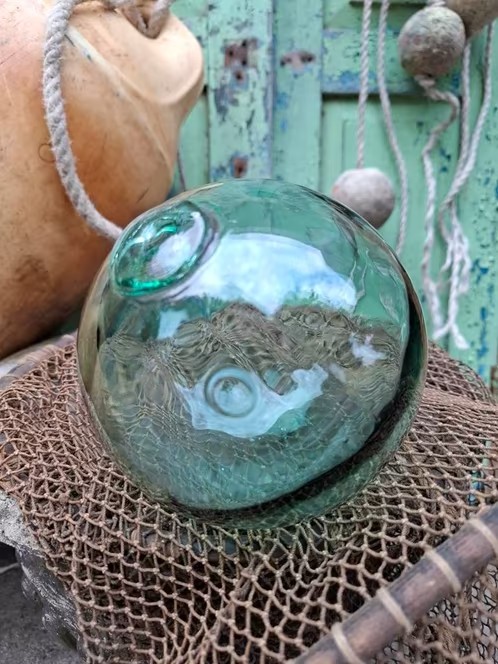 Oude Antiek Vintage Glazen Drijver Visnet Groen