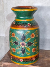 Oude Vintage Houten Indiase Waterkruik Handbeschilderd