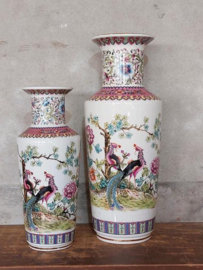 Oude Vintage Set Chinese Vazen Handbeschilderd Feniks