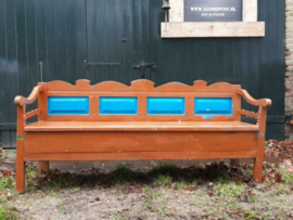 Oude Brocante Houten Bank Bruin Blauw Klepbank