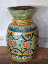 Oude Vintage Houten Indiase Waterkruik Handbeschilderd