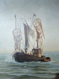 Oud Maritiem Schilderij Olieverf op Linnen Vissersboot Boot Kotter HA67