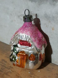 Oude Antieke Kerstbal  5677 Huisje Roze Dak