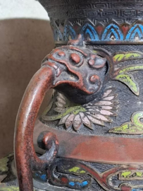 Oude Antieke Chinese Cloisonne Campleve Bronzen Vaas Emaille