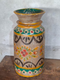 Oude Vintage Houten Indiase Waterkruik Handbeschilderd