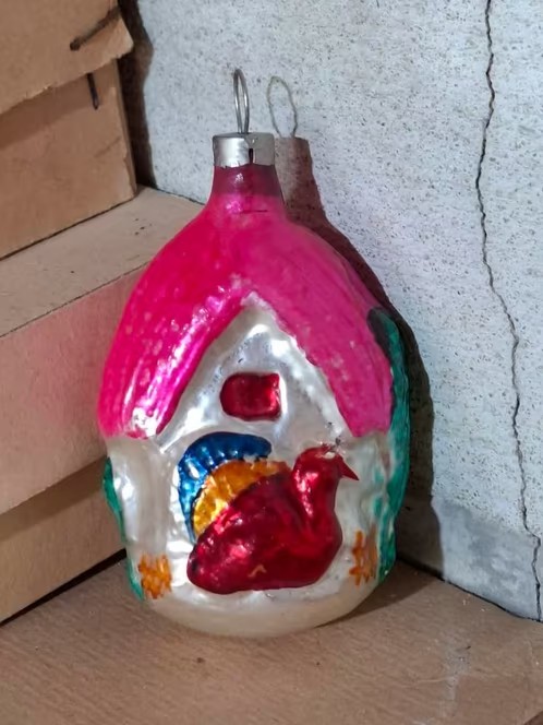 Oude Antieke Kerstbal  8974 Huisje met Kalkoen