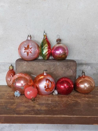 Oude Vintage Kerstballen 8942 Set Zalm Oranje Rood