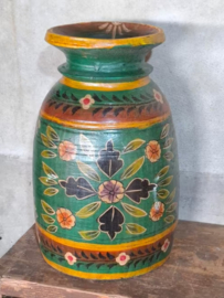 Oude Vintage Houten Indiase Waterkruik Handbeschilderd