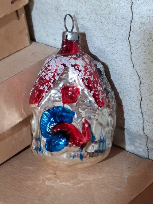 Oude Antieke Kerstbal  8972 Huisje met Kalkoen