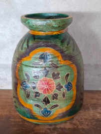 Oude Vintage Houten Indiase Waterkruik Handbeschilderd