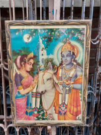 Oude Vintage Houten Lijst met Hindoe Poster India Radha en Krishna